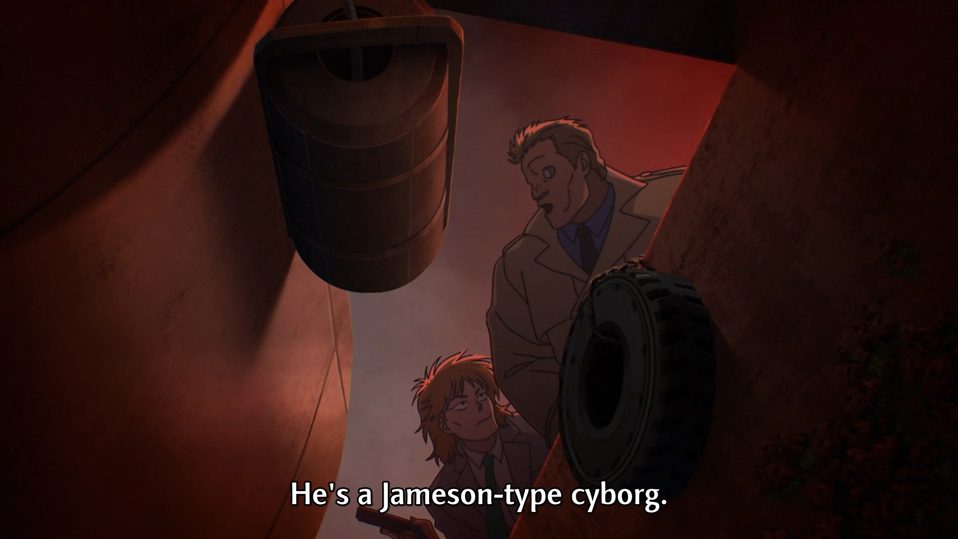 Batou to Togusa: 'he is a Jameson-type cyborg 